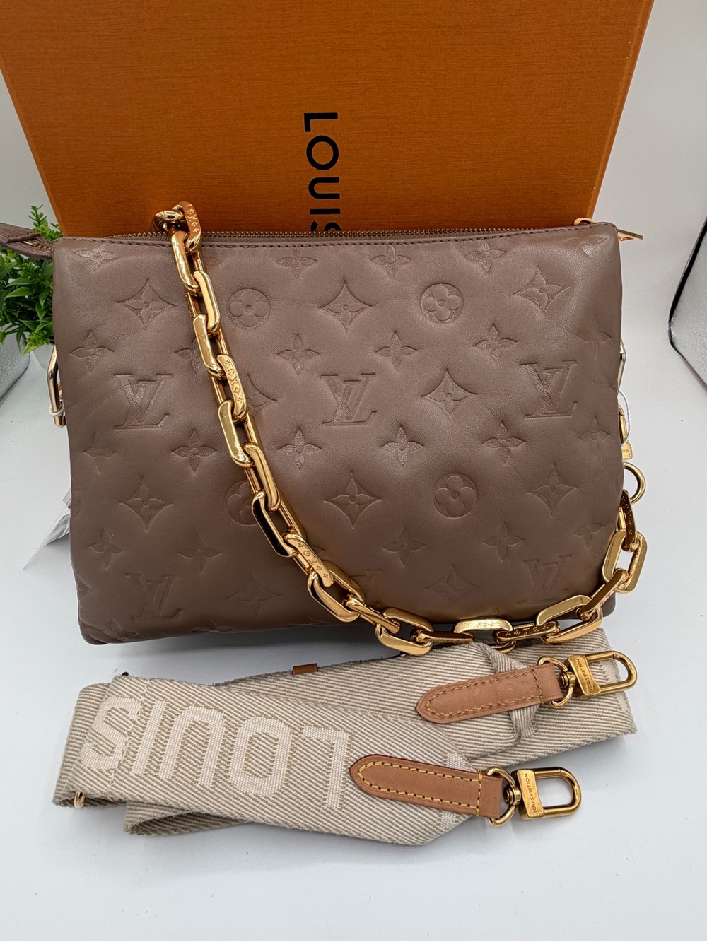 Louis Vuitton Coussin PM Taupe Monogram Embossed Shoulder Bag Gold Chain Strap🔥
